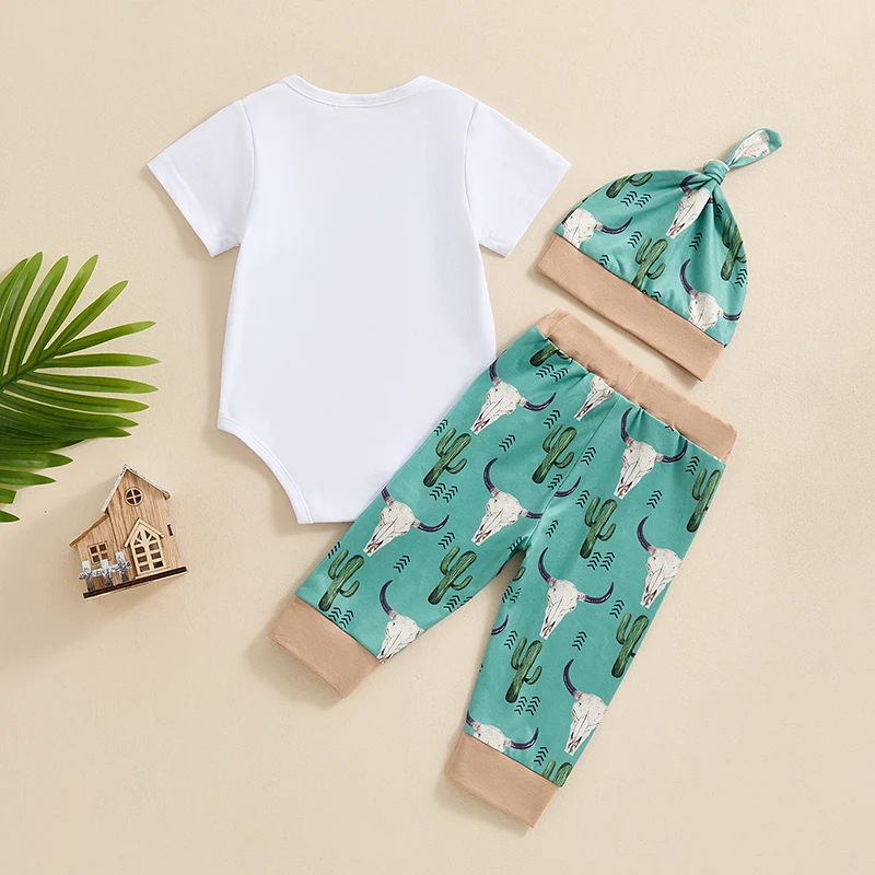 FOCUSNORM Newborn Baby Boys Western Clothes Sets 3pcs Outfit Short Sleeve Letter Cattle Head Print Romper Cactus Pants Hat
