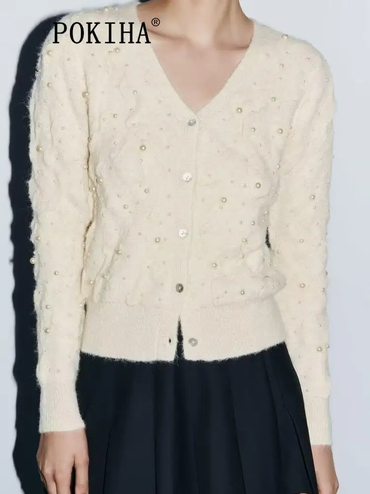 

Pokiha Fashion Women New With Faux Pearls Knitted Cardigan Sweater Vintage Long Sleeve Front Button Female Outerwear Chic Tops