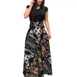 Women Polka Dot Print Patchwork Long Dresses Summer Casual Short Sleeve O-Neck High Waist Robe Boho Beach Maxi Sundress Vintage