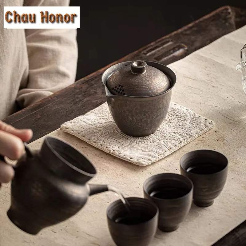200ml Handmade Iron Rust Glaze Gaiwan Hand Grab Pot Japanese Rough Pottery Tea Tureen Tea Maker Cover Bowl Teaset Collection