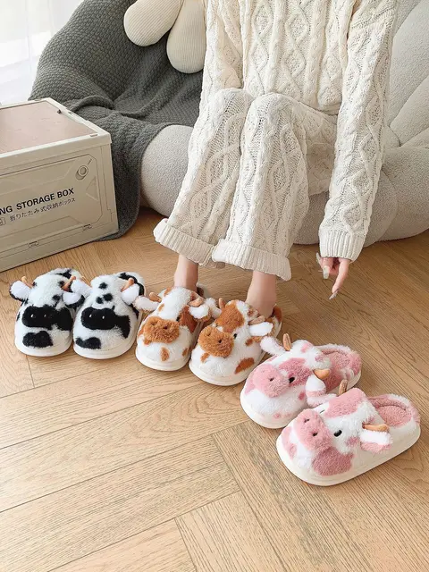 Vaca Pantuflas Mujer De Animales Zapatillas De Peluche De Dibujos