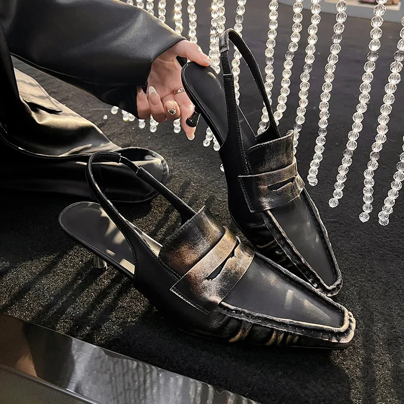 

MKKHOU Fashion Pumps New High Quality Genuine Leather Retro Square Headed Open Heels High Heels Modern Sandals Women
