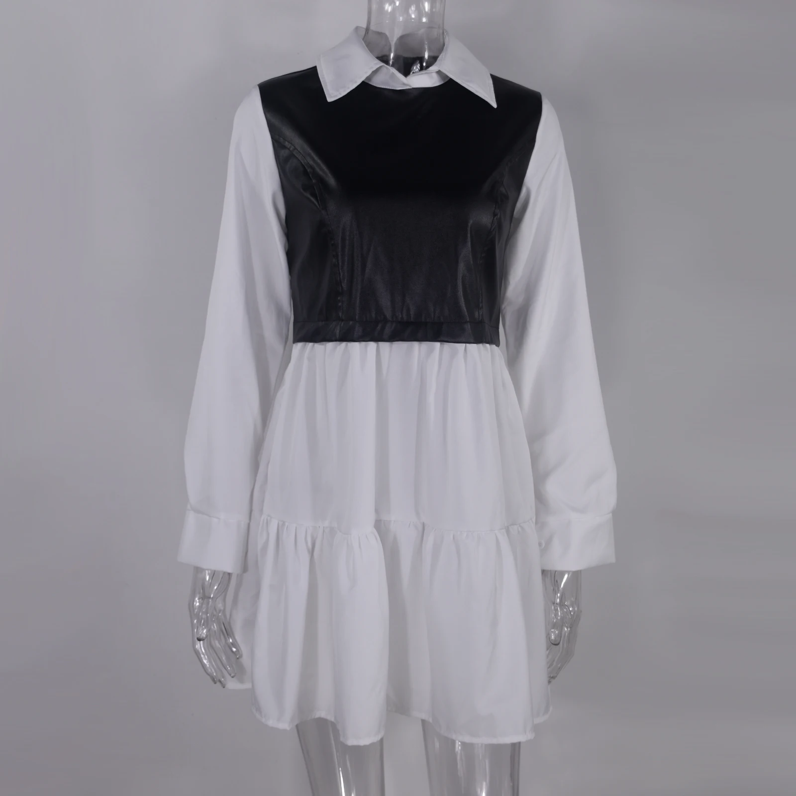 Plaid Shirt Casual Vestidos Long Sleeve White Short Dress For Women Summer PU Leather Patchwork Sweet Office Ladies Mini Dresses