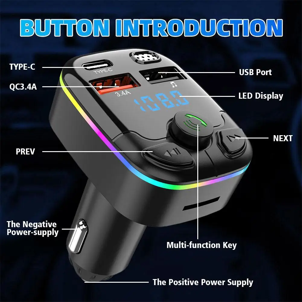 Car Bluetooth 5.0 FM Transmitter Dual USB 3.1A PD Type-C Fast Charging Car Charger Colorful Ambient Light Kit For iPhone Samsung