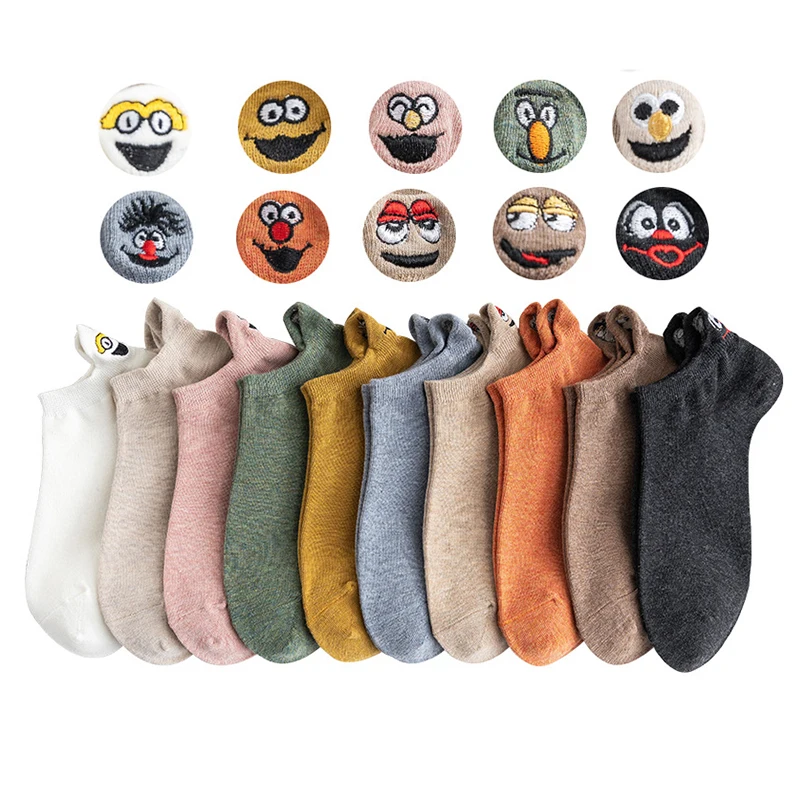 

10 Pairs Summer Kawaii Embroidery Cartoon Smiley Face Ankle Socks Women Cute Funny Expression Cotton Socks Female Short Socks