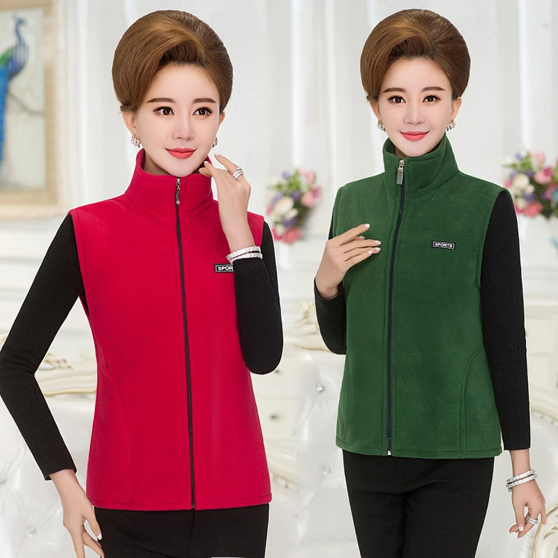 

Middle-aged Mother Stand Collar Vest Jacket Short Polar Fleece Fabric Sleeveless Outwear Warm Female Solid Casual Waistcoat Tops