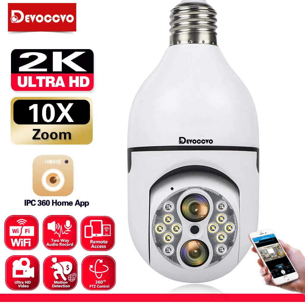 2K Wireless Light Bulb Camera Smart Home Auto Tracking Telecamera Panoramica Indoor Wifi 10X Zoom Cctv Security Surveillance Cam 4Mp