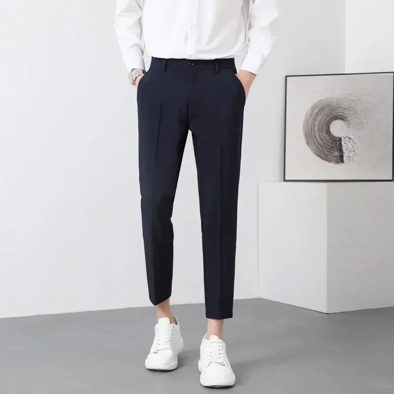 thumbnail image 1 of Pantalones de traje rectos fluidos 9 recortados para hombre Pantalones de verano drapeados para hombre Nuevos pantalones de hombre chinos Ropa formal de primavera 2024 en adelante, 1 of 5
