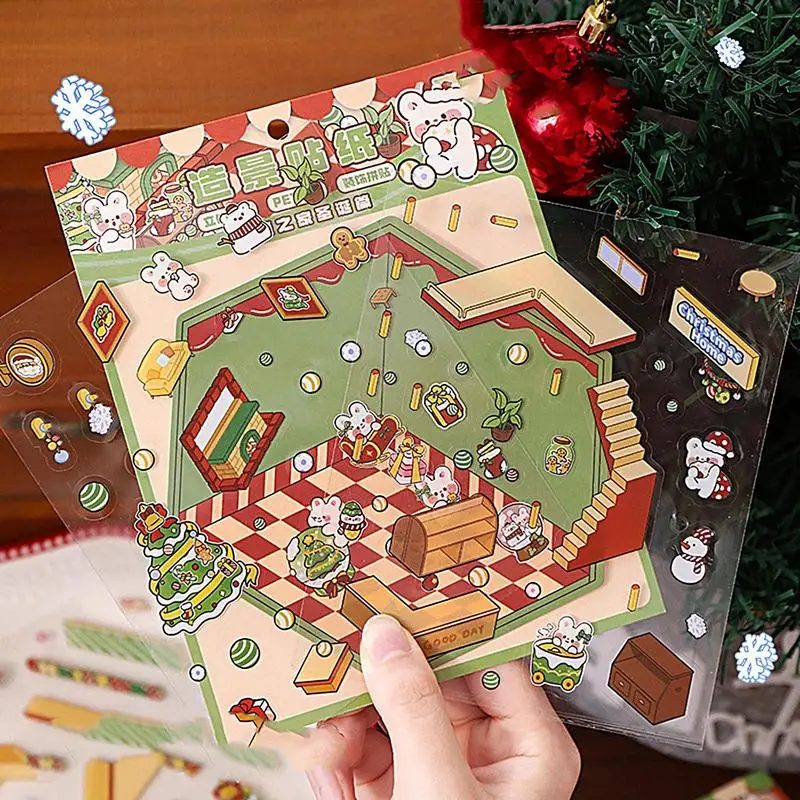 Christmas house stickers 3D miniature scene Cartoon Scene Stacking and Pasting Stickers Festival Birthday Gift for Child Student