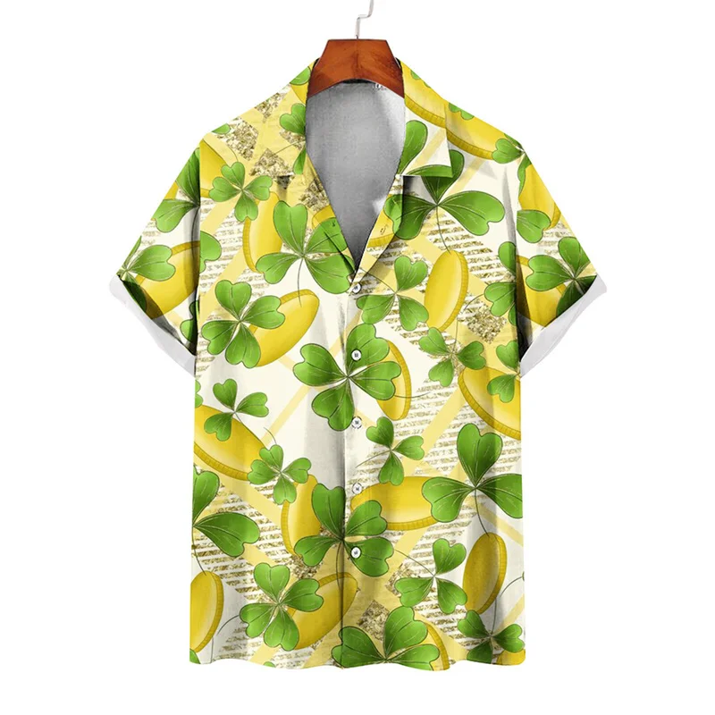 thumbnail image 1 of Camisas de verano con estampado de trébol de cuatro hojas para hombre y mujer, camisas casuales de manga corta con solapa, estilo hawaiano, para playa, estilo urbano, 1 of 4