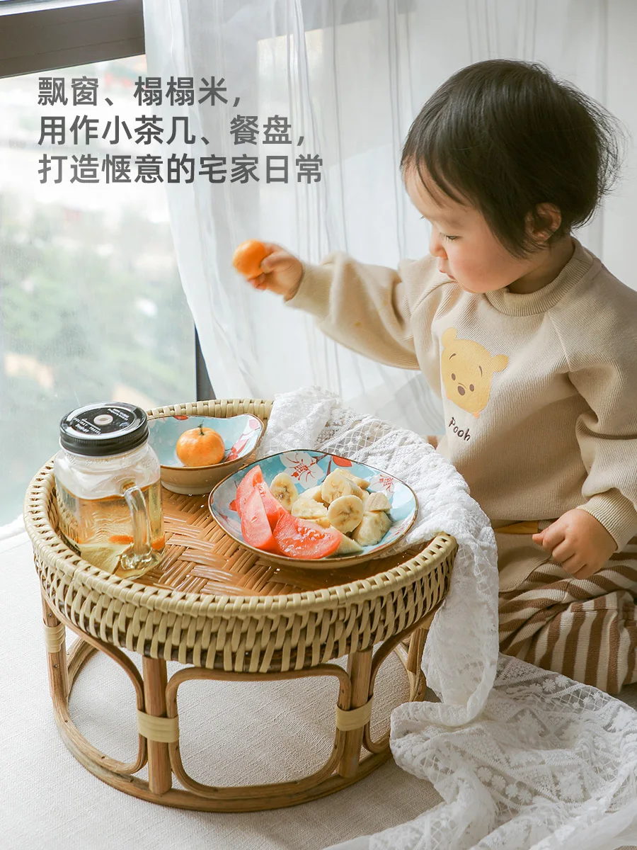 

Vine Woven Tea Table with Floating Window, Balcony, Low Table, Tea Table, Japanese Tatami Small Table, Ins Picnic Round Table