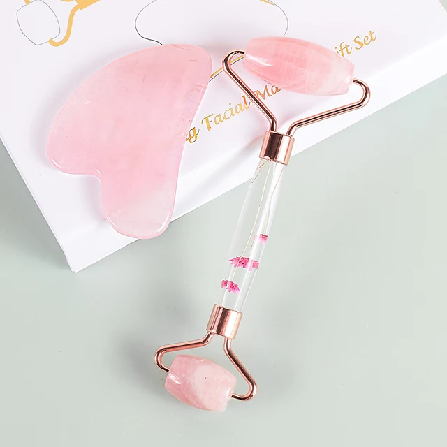 Rodillo facial de jade y Gua Sha natural: Kit Rose Quartz Duo | Emoape