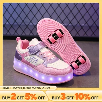 여아용 트렌디 쿨 로우 탑 롤러 스케이트보드 신발, 경량 미끄럼 방지 더블 휠 신발, 실내 야외용, 1 쌍 상품 이미지