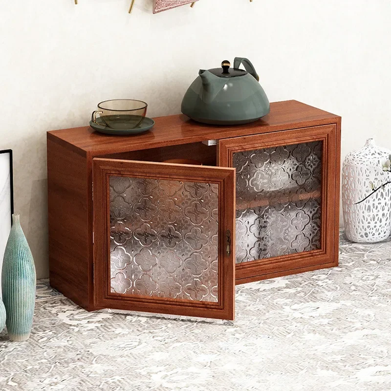 New Desktop Cabinet, Dust-Proof Storage Box, Crabapple Glass Tea Set, Solid Wood Plaid Table Handle Cup