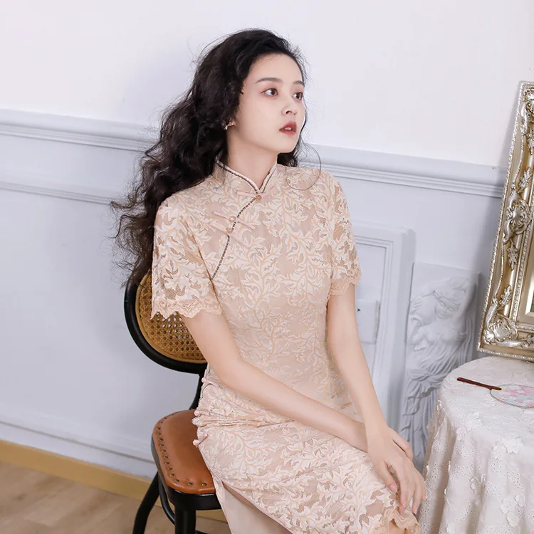 Yellow Short Sleeve Lace Edge Long Dress Cheongsam Lady Chinese Dresses Stand Collar Vintage Button Vestidos Elegant Qipao