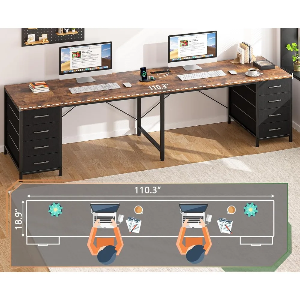 110" 2 Person Desk with 8 Drawers, Large Writing Home Office Desks with Outlets, I Shaped Workstation Double Desk Drawer Organi 5