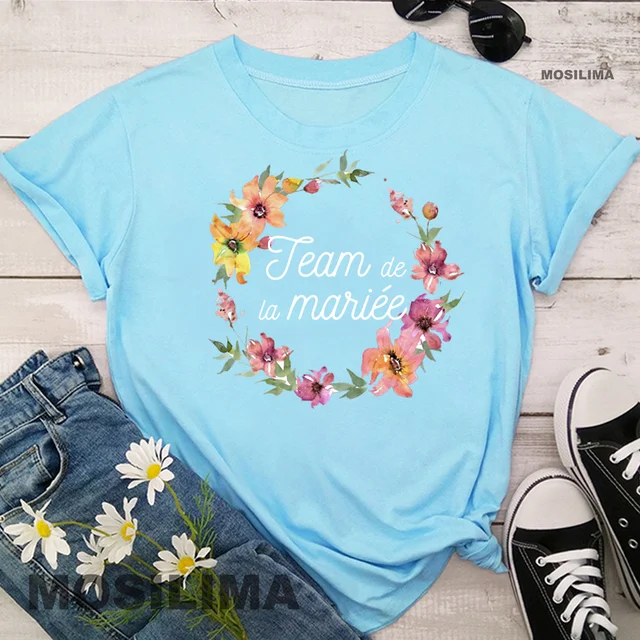 Team Bride Bachelorette Wedding Party Women Evjf Tee Shirt Casual ladies basic O-collar Pink Short Sleeved T-shirt Girl Light blue2