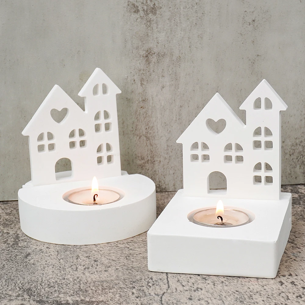 DIY Heart House Candlestick Silicone Mold Window Houses Tea Light Candle Holder Craft Gift Making Resin Gypsum Molds Home Decor