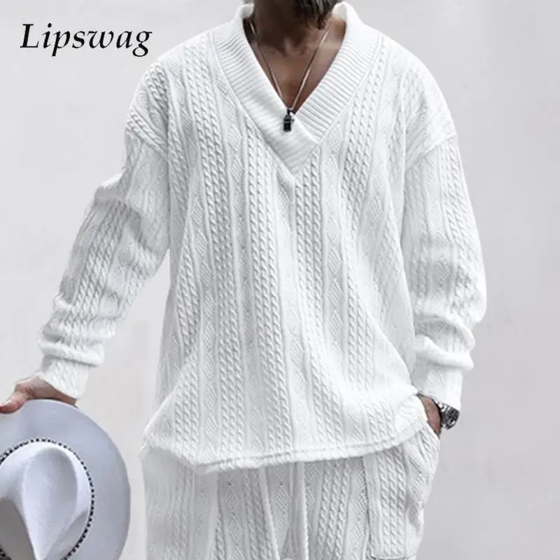 

Fall Long Sleeve Casual Sweater Men Fashion Twist Jacquard Knitted Jumper Tops Mens Knitwear Vintage V Neck Sweaters Streetwear