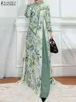 ZANZEA Muslim Fashion Floral Print Maxi Dress Women Elegant Fake Two-Piece Patchwork Abaya Vestidos Islamic Long Sleeve Robes
