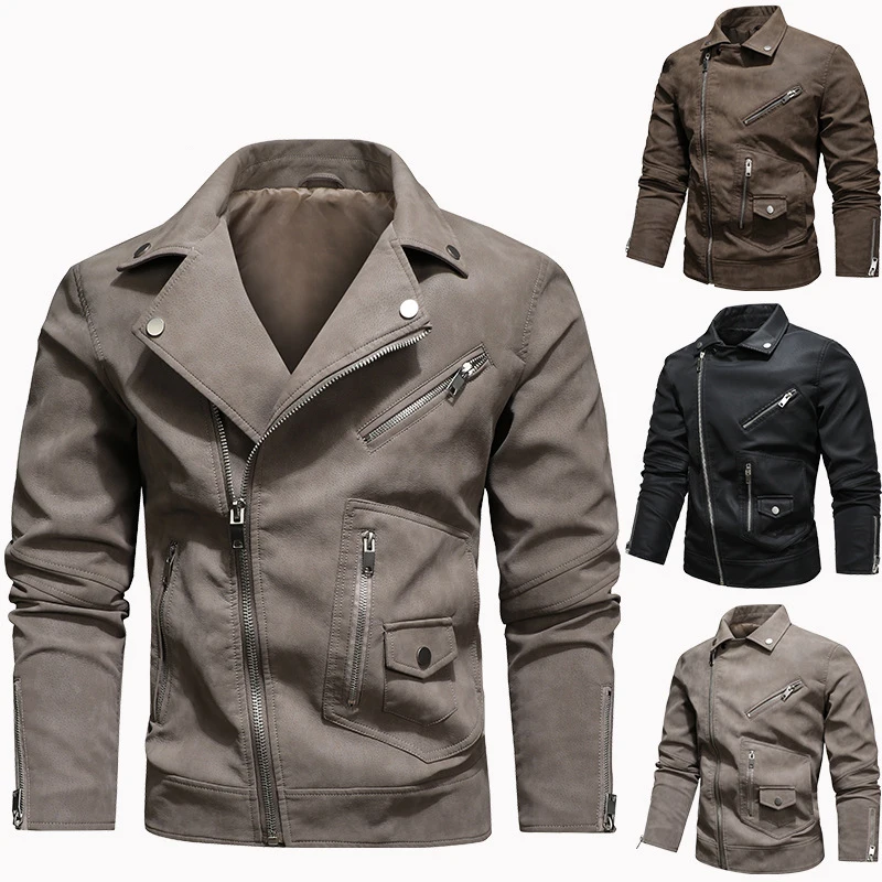 

2024 New Spring Men's Leather Jacket Imitation Pigskin PU Jacket With Diagonal Zipper Large Flip Collar Thin Style Men's Jacket