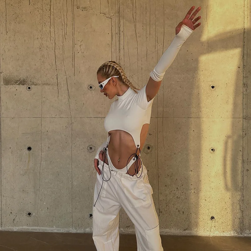 Body de manga corta con cuello alto para mujer, estilo Y2K, de una pieza con aberturas, con cordones, lencería sexy.