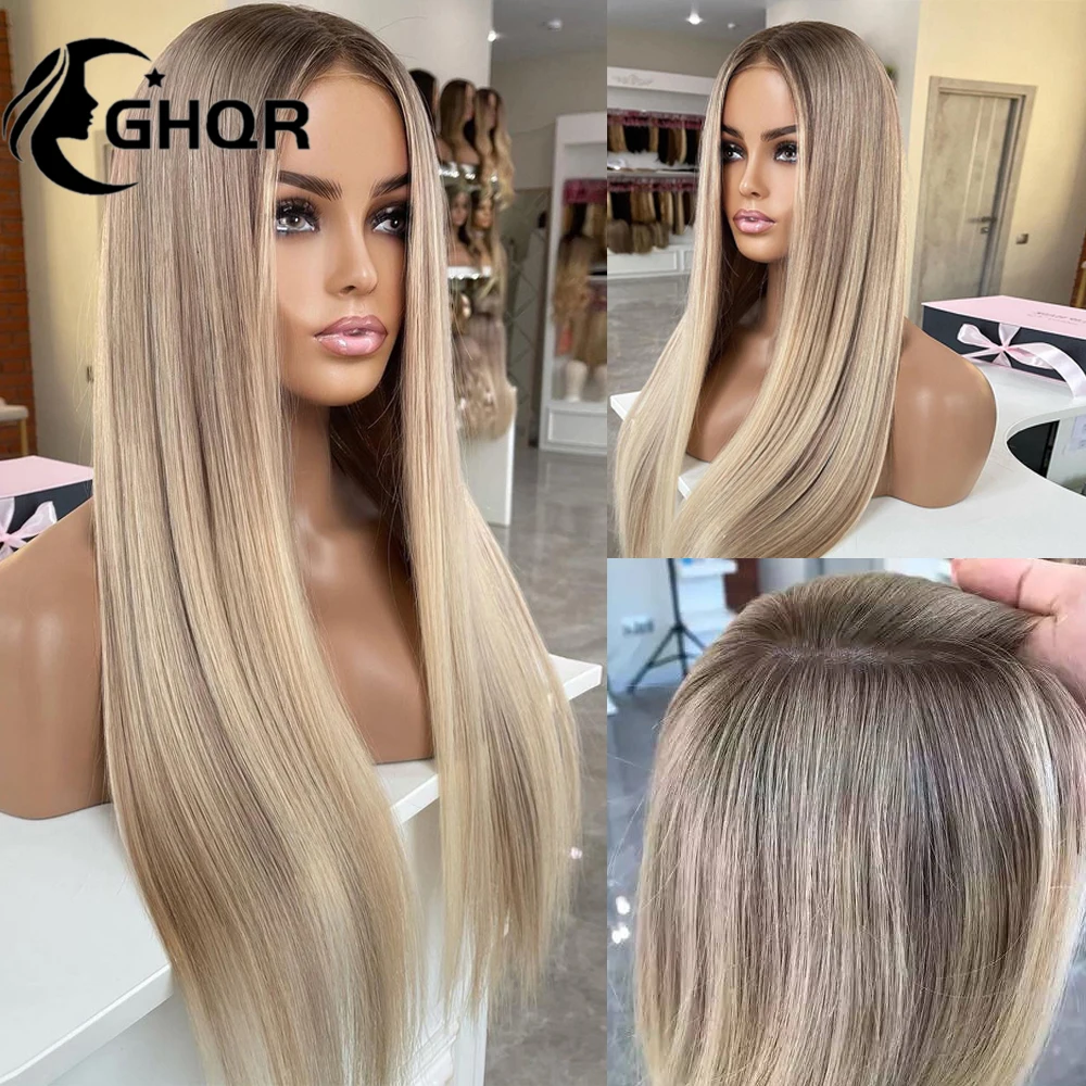 Wigs Human Hair 360 Lace Frontal Full Lace Wigs For Women Transparent Highligh Straight Brown Roots Ash Blonde Brazilian Hair