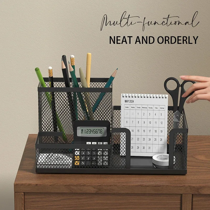 Black Mesh Desk Organizer - 3-Tier Storage with Pencil Holder & Baskets,Office Supplies Organizer for Desktop, Home & School Use - 6
