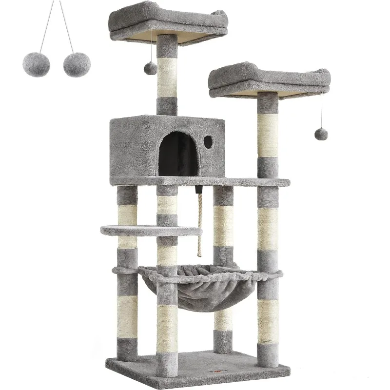 

FEANDREA Cat Tree,Cat Tower for Indoor Cats, 56.3-Inch Cat Condo with Scratching Posts, Hammock, Plush Perch, Light Gray UPCT15W