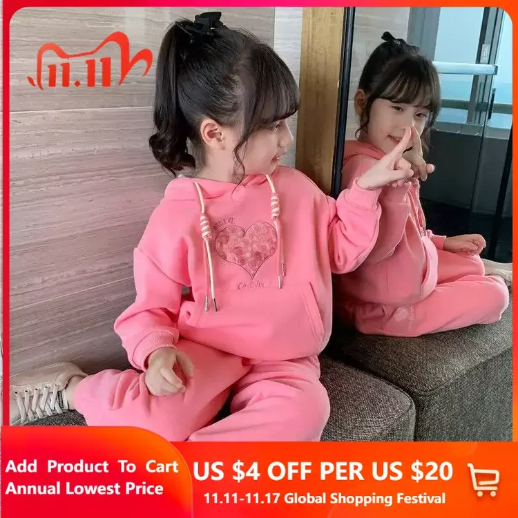 

Girls Hooded Sweatshirt Suit Autumn and Winter Clothes Junior Kids Padded and Thickened Casual Top Sweatpants 2 Piece Set 3-15T