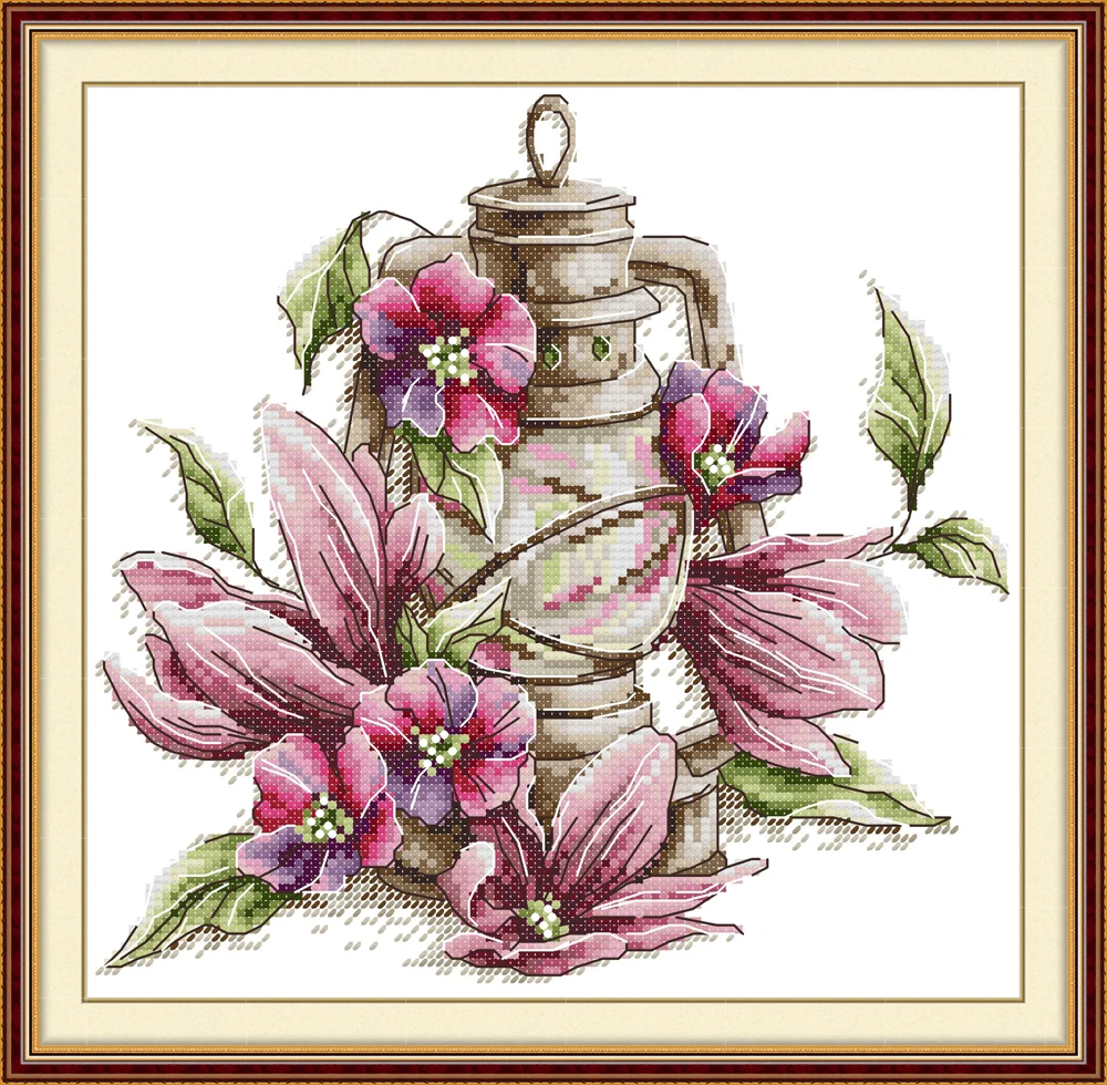 Cross Stitch Kit Pre-printed Easy Pattern Aida Stamped Fabric Embroidery Magnolias and Lamps