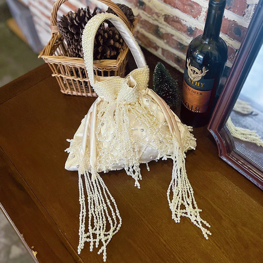 Handmade Pearl Bead Handbag Tassel Bucket Luxury Silk Bag Women Woven Party Wedding Evening Small Box Basket Bag