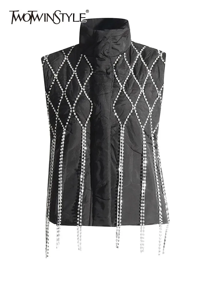 

TWOTWINSTYLE Spliced Diamonds Tassel Waistcoats For Women Turtleneck Sleeveless Patchwork Zipper Loose Waistcoat Female Fashion