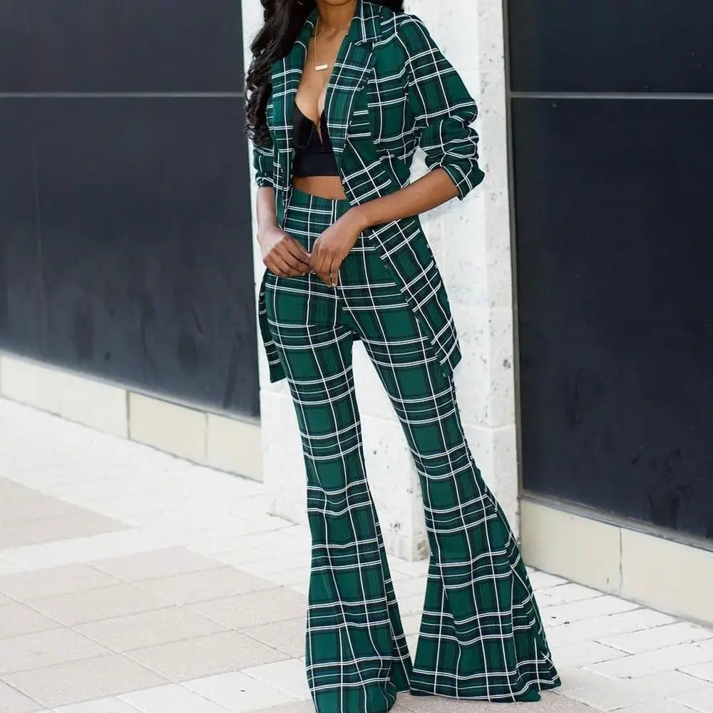 

Sexy Women Plaid Blazer Pantsuit Notched Lapel Loose Jacket Flare Pants Long Sleeve + Trousers 2 Piece Set