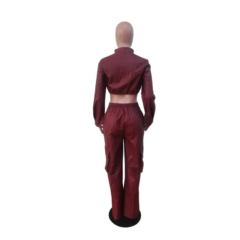 Women Pu Leather Slim 2 Piece Set Autumn Winter Turtleneck Zipper Chest Wrap Crop Top High Waist Pants Hipster Streetwear Outfit