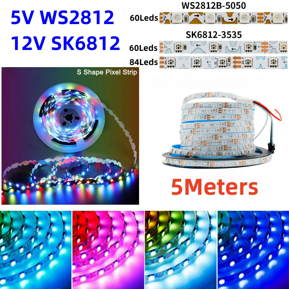 

5 метров DC5V WS2812B DC12V Sk6812 Светодиодная лента 3535 RGB SMD Адресуемая Пиксельная Светодиодная лента 6 мм S-образная гибкая светодиодная лента 60 светодиодов/м