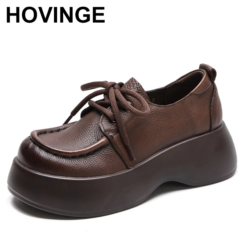 

Spring Women Wedges Shoes Literary Style Retro Chunky Platform Wide Head Genuine Leather Versatile Casual Shoes