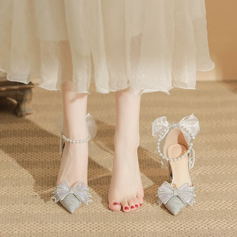 French Wedding Shoes Crystal Silver Bow High Heels Women's Thick Heels Pointed Fairy Style Bridesmaid Wedding Dress Bridal Shoes