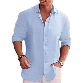 Camisa de manga larga de algodón y lino para hombre, superventas de otoño, Color sólido, estilo informal, camisa de lino informal de talla grande para hombre 1