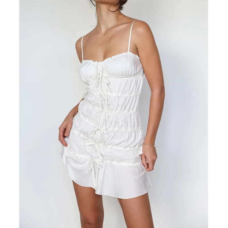 

Women Prom Party Night Formal Bodycon Dress Summer Mini Dress Sexy Ladies Lacing Pleated See-through Spaghetti Straps Dress