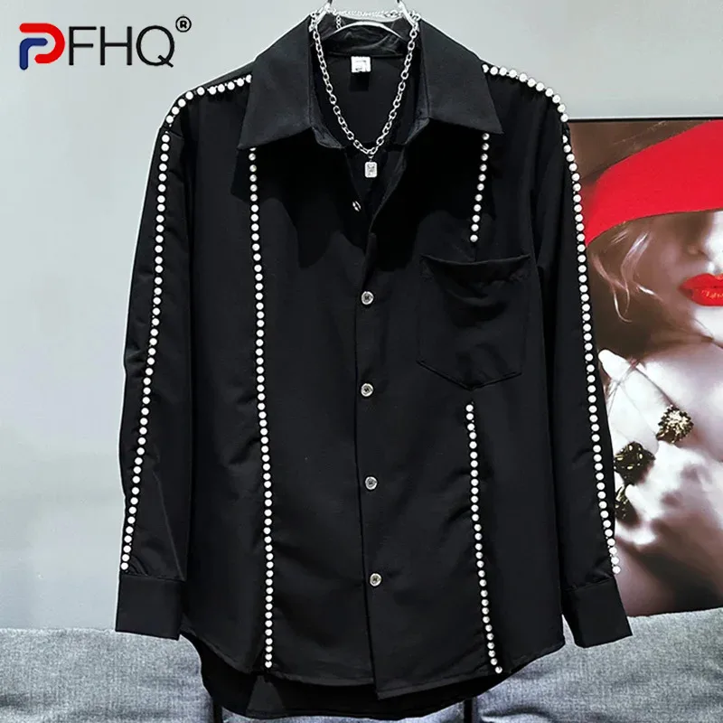 

PFHQ Men's Shirts Summer Fashion Heavy Industry Pearl Decoration Loose Long Sleeved Haute Quality Sports Male Tops New 21Z4494