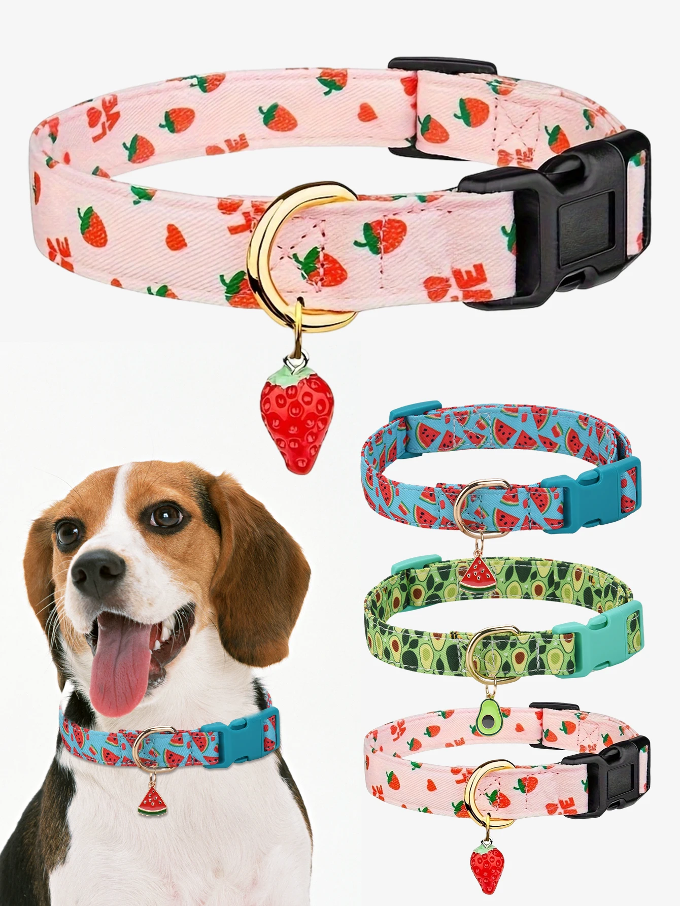 Fruit Pattern Dog Collar with metal fruit pendant, colorful design for dogs