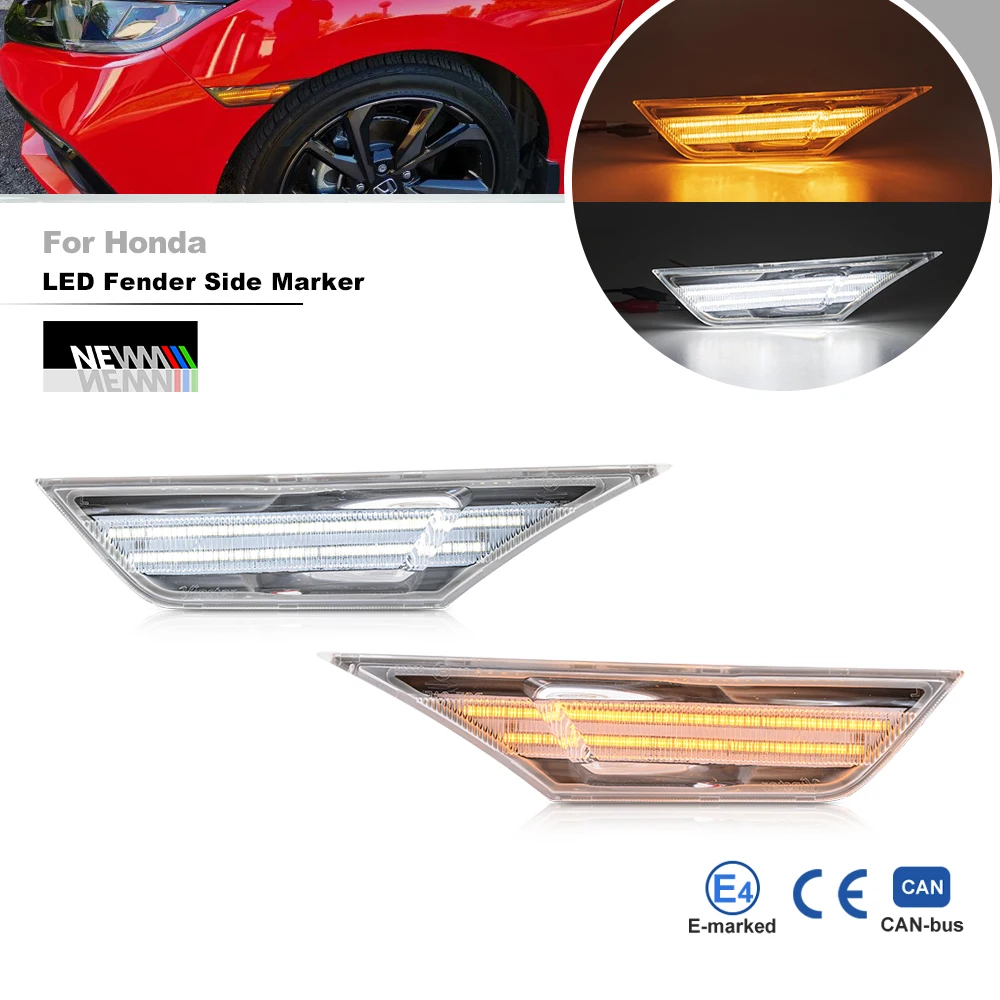 

2x For Honda Civic 2016 2017 2018 2019 Amber Led Side Marker Lights White Running Position Lamps Turn Signals Side Blinkers