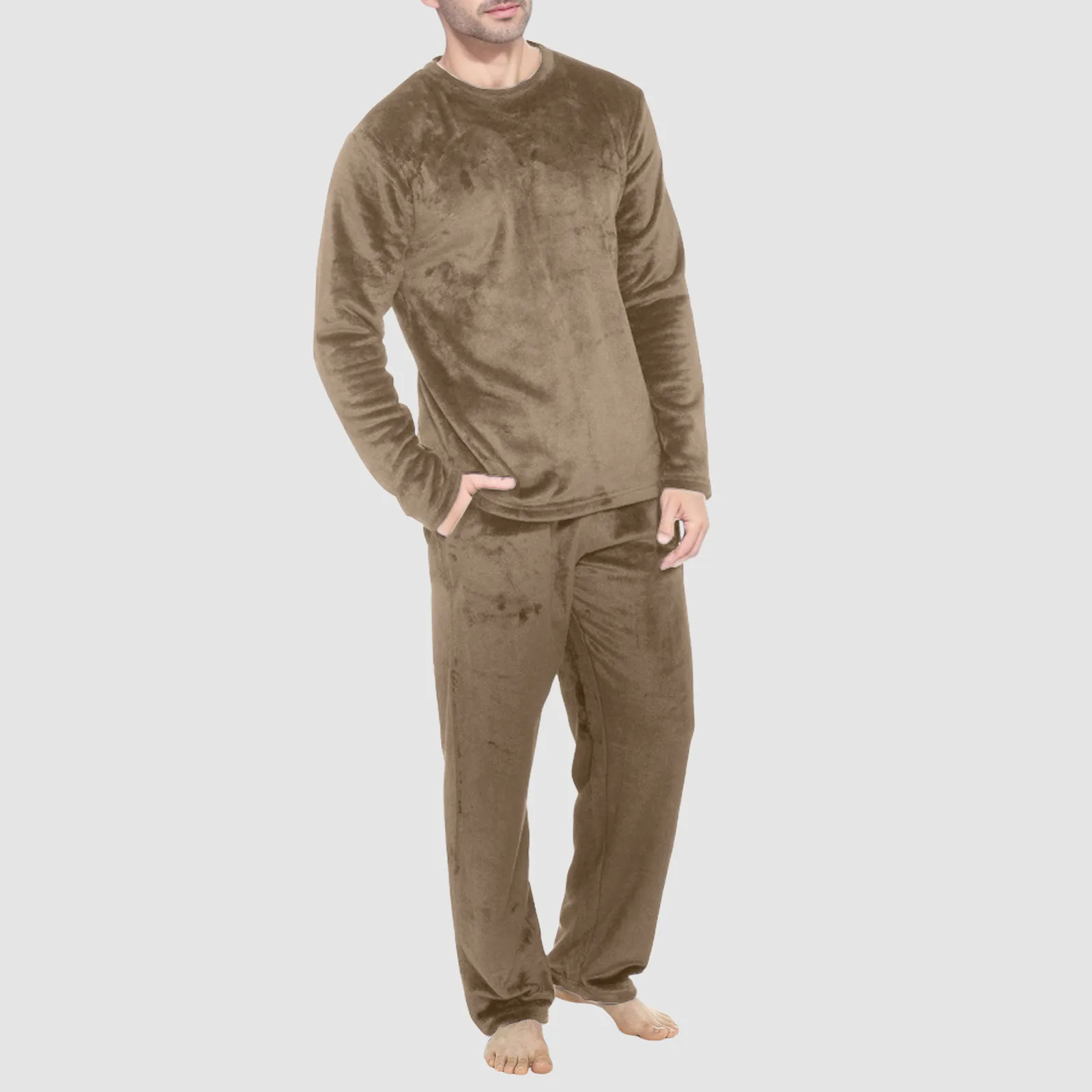 Men's Autumn Winter Warm Coral Velvet Pajama Suit Solid Color Sleepwear Fleece 2 Piece Set Long Sleeve Pullover Tops + Pants Sets man pajamas set