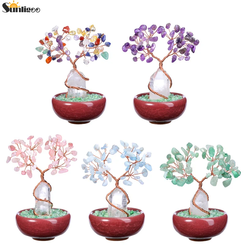 

Sunligoo Crystal Tree Healing Gemstones Energy Trees Figurine W/ Clear Quartz Point Root Ceramic Bowl Base Office Yoga Home Deco