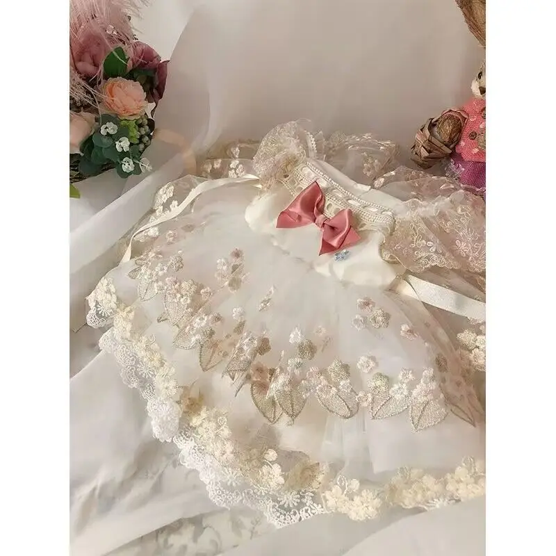 Birthday Party Lolita Dress Girls Kids Summer Lace Champagne Short Sleeve Dress Cute Princess Doll Teen For Girls