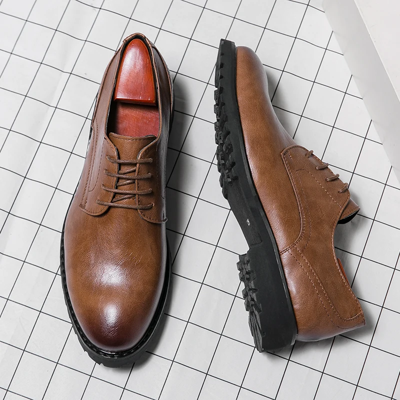 

New Italian style men's Derby shoes Handmade leather flat angle lace up business office wedding comfortable formal shoes