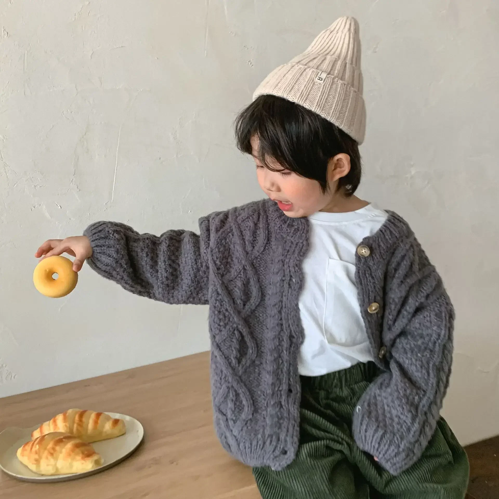 2pcs Korean Children Sweaters Cardigan Autumn And Winter Baby Coarse Wool Hemp Retro Cardigan