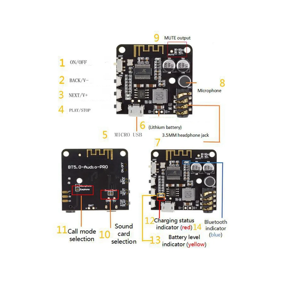 BT5.0 PRO Audio Module+Case MP3 Audio Decoder Board with Mic Lossless Car Speaker Audio Amplifier DIY Audio Receiver