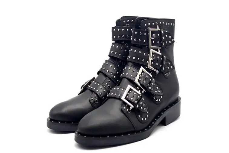 

New Genuine Leather Motorcycle Ankle Boots Buckle Pointed toe Rivet Men's Boots High Quality Black casual short Men boots